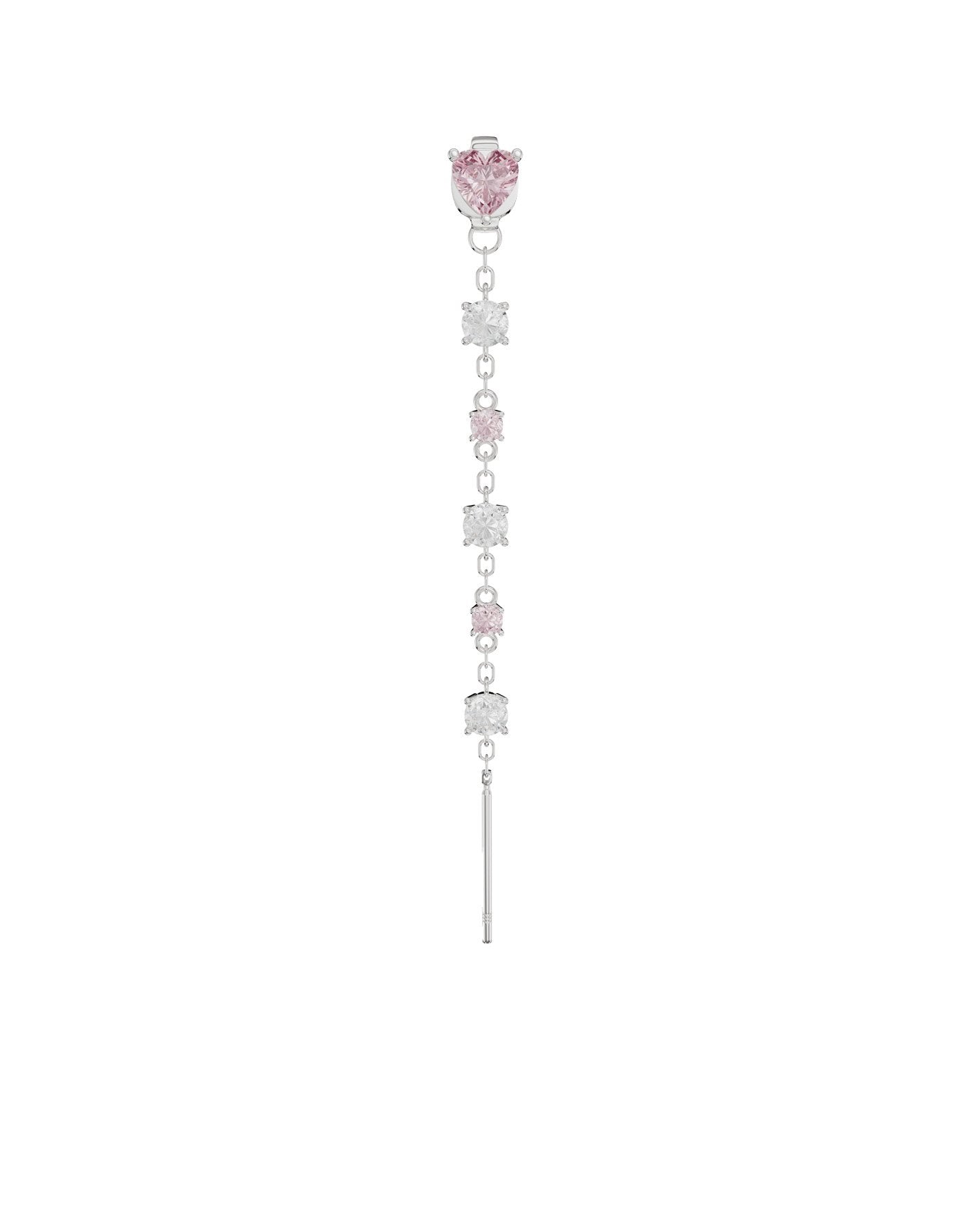 Orecchini A Cuore Lineari Con Catena Di Strass E Pendente, Metallo Color Argento E Smalto Rosso/rosa
