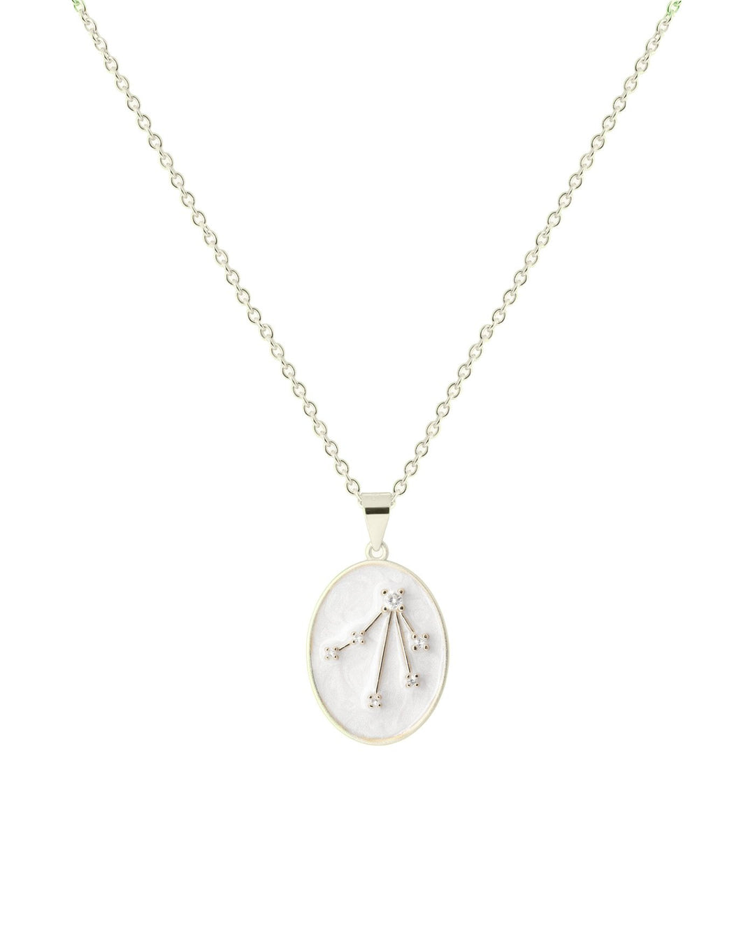 collana in argento con costellazione della bilancia su medaglietta smaltata bianca
