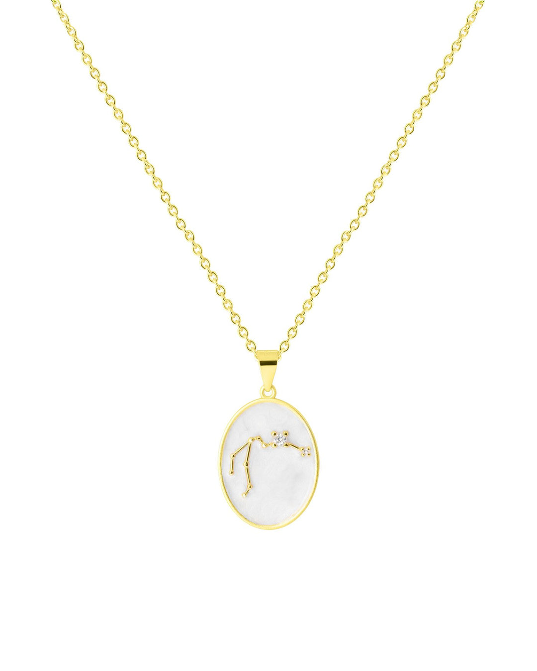 collana in argento placcato oro con costellazione dell'acquario su medaglietta smaltata bianca