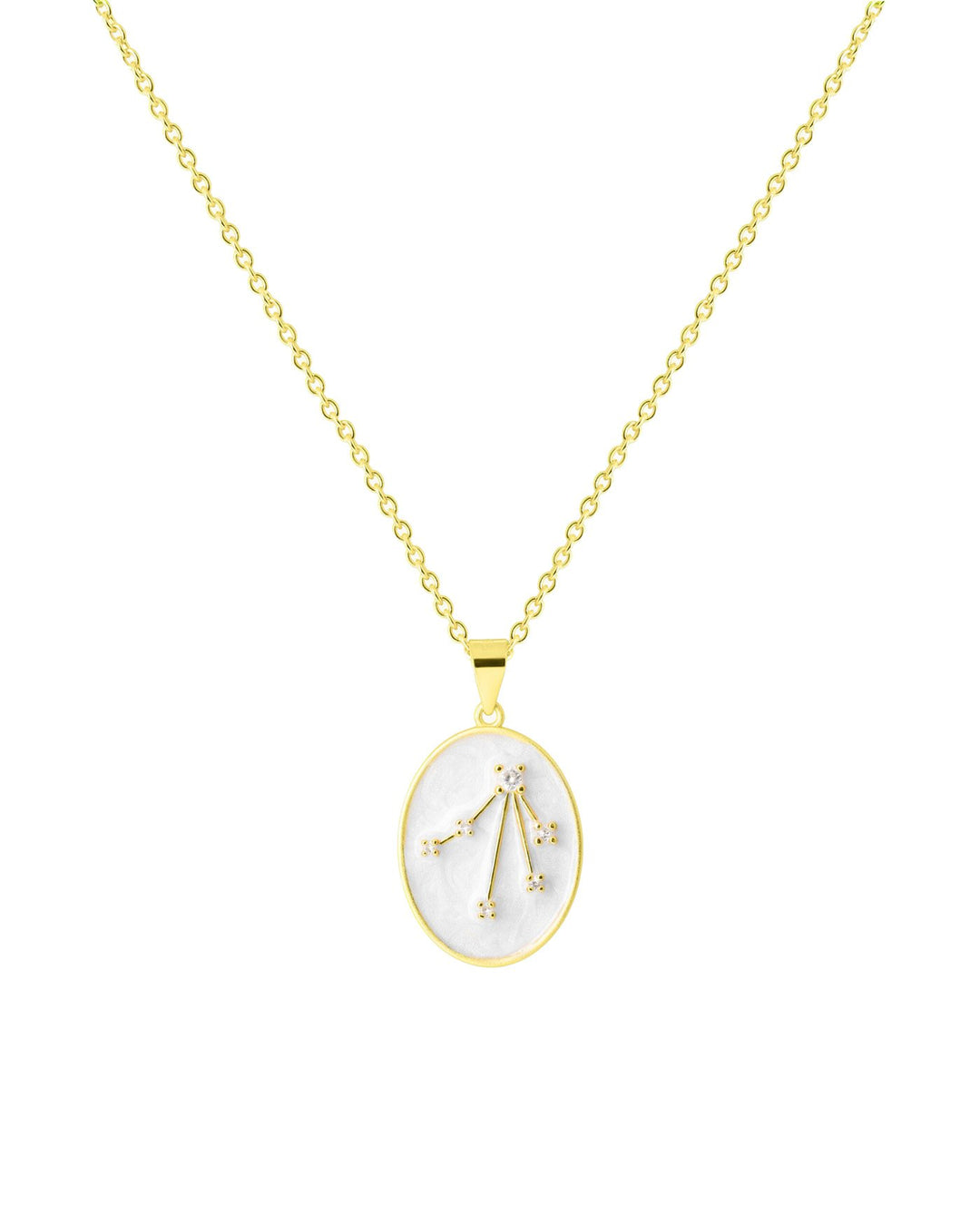 collana in argento placcato oro con costellazione della bilancia su medaglietta smaltata bianca