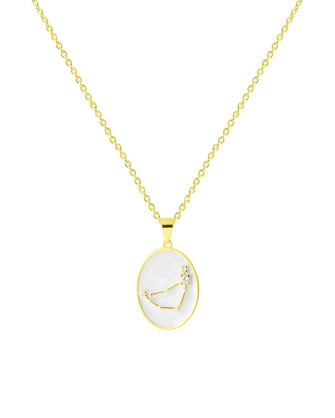 collana in argento placcato oro con costellazione del capricorno su medaglietta smaltata bianco