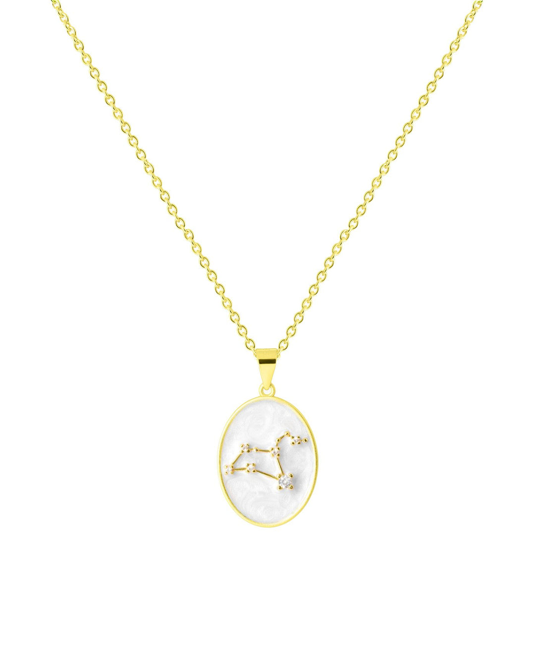 collana in argento placcato oro con costellazione del leone su medaglietta smaltata bianca