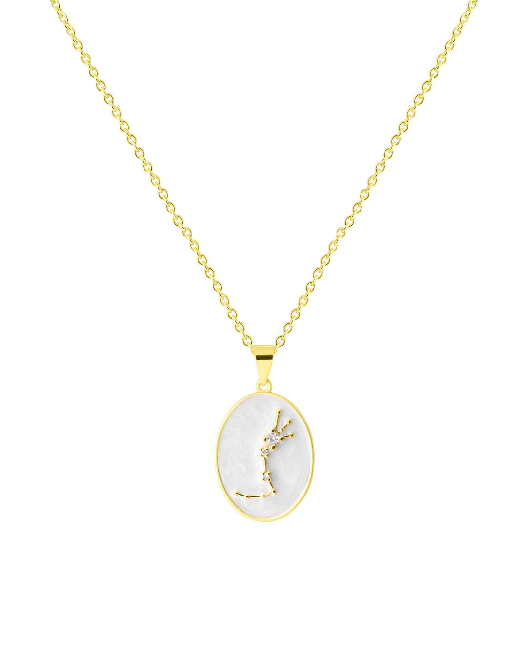 collana in argento placcato oro con costellazione dello scorpione su medaglietta smaltata bianca