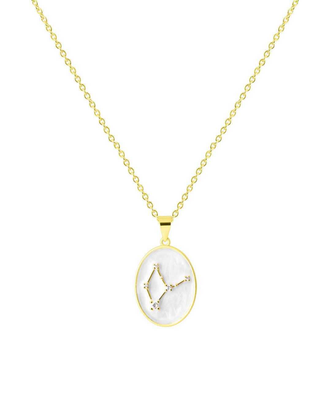 collana in argento placcato oro con costellazione della vergine su medaglietta smaltata bianca