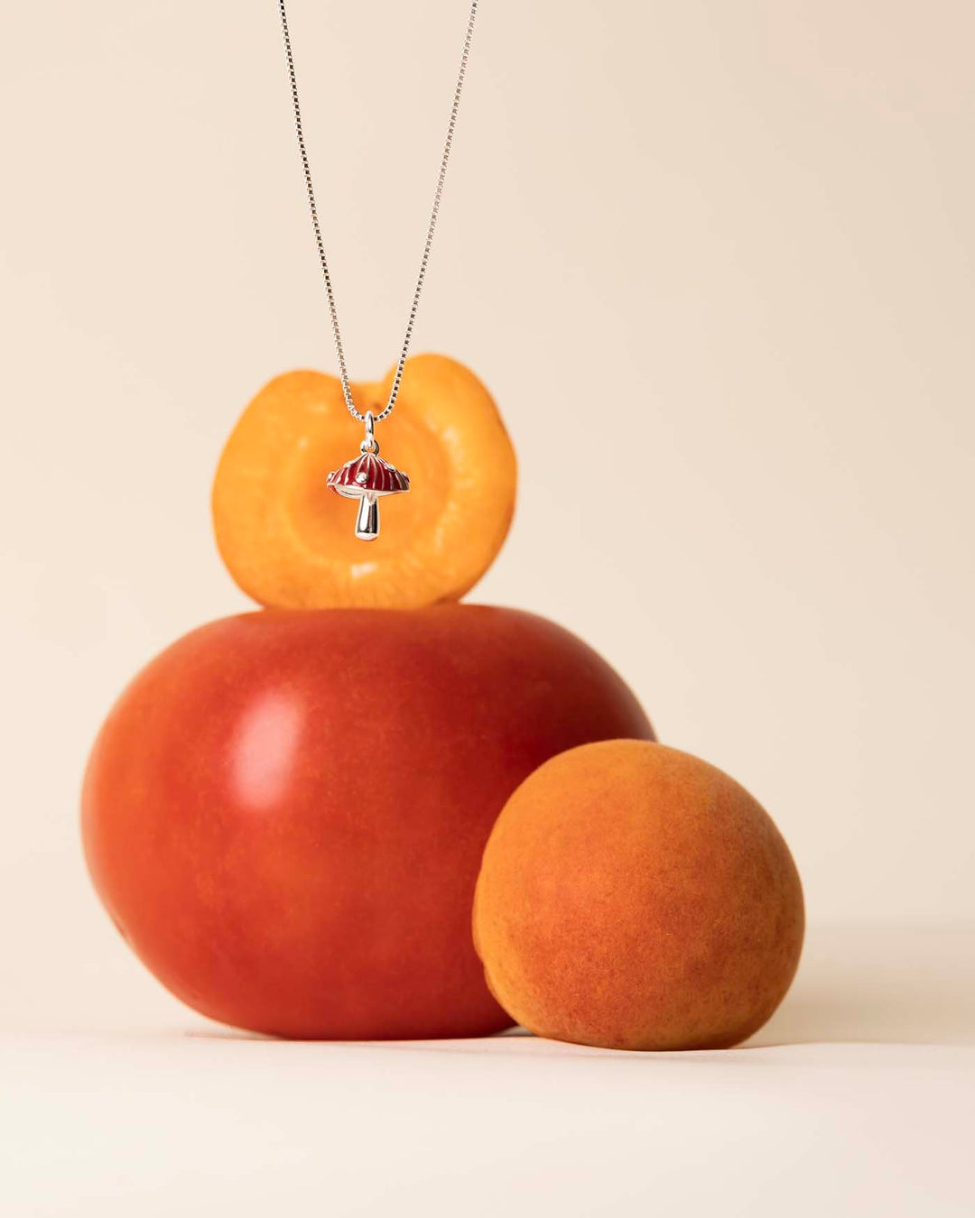collana fungo argento su sfondo di albicocche
