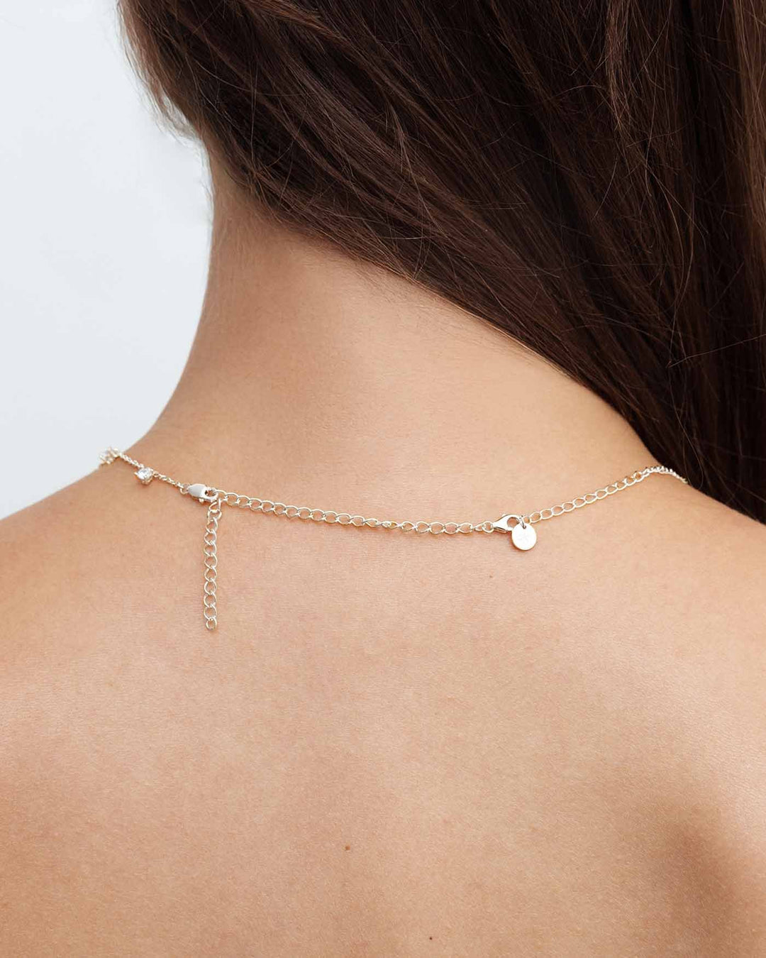 estensore argento su collana vista di schiena