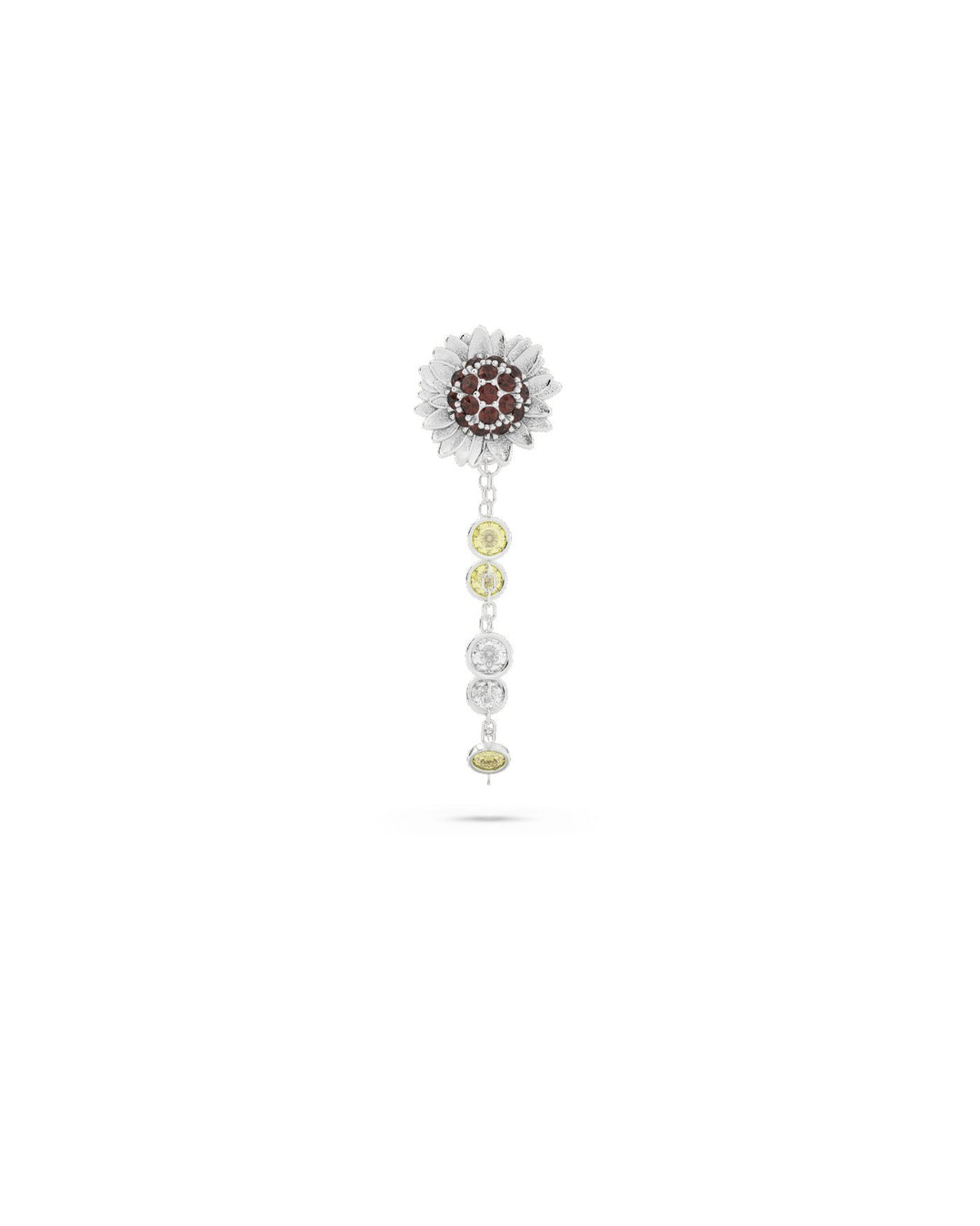 orecchino bond in argento con catenella pendente e girasole frontale