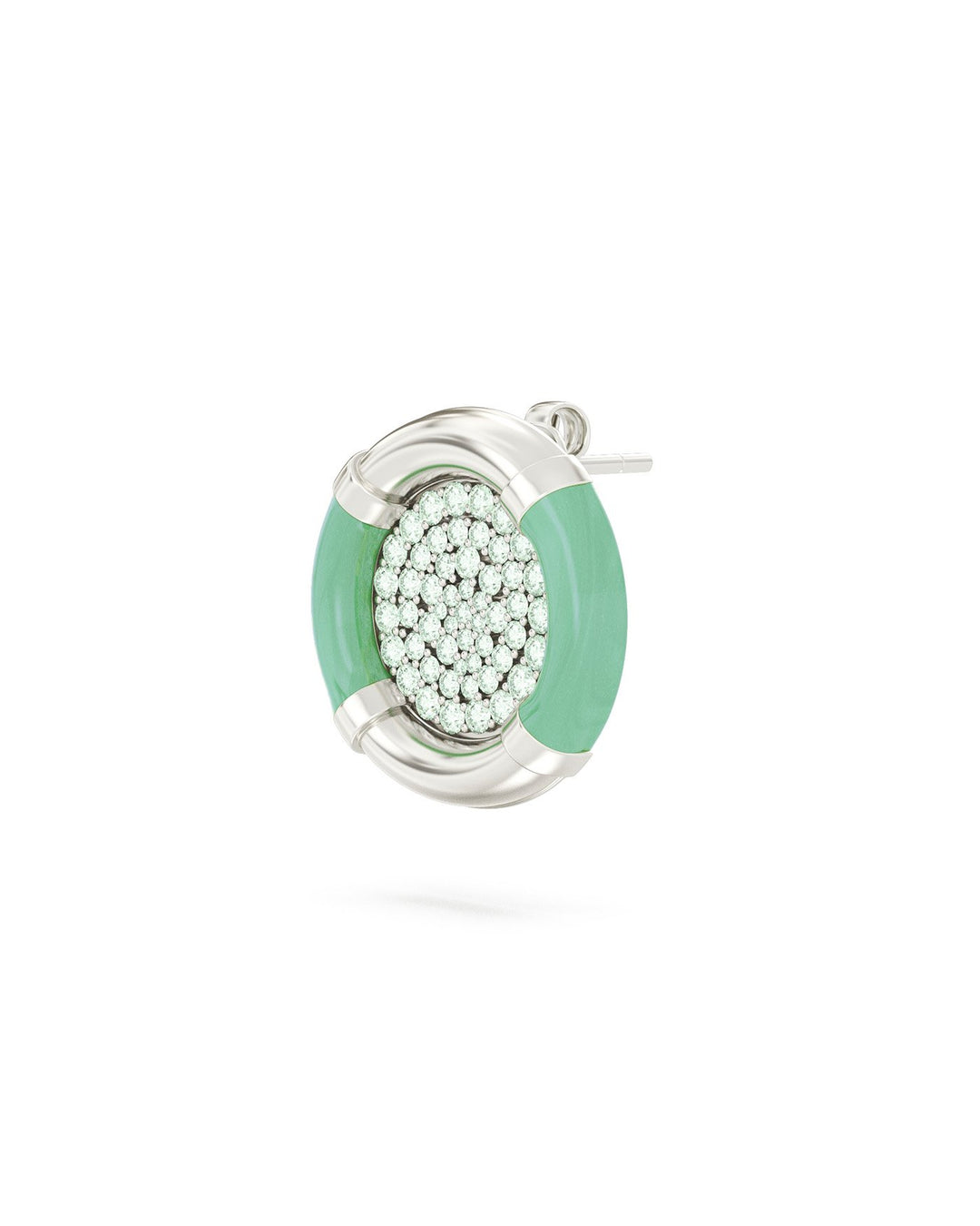orecchino a bottone verde salvia argento vista laterale