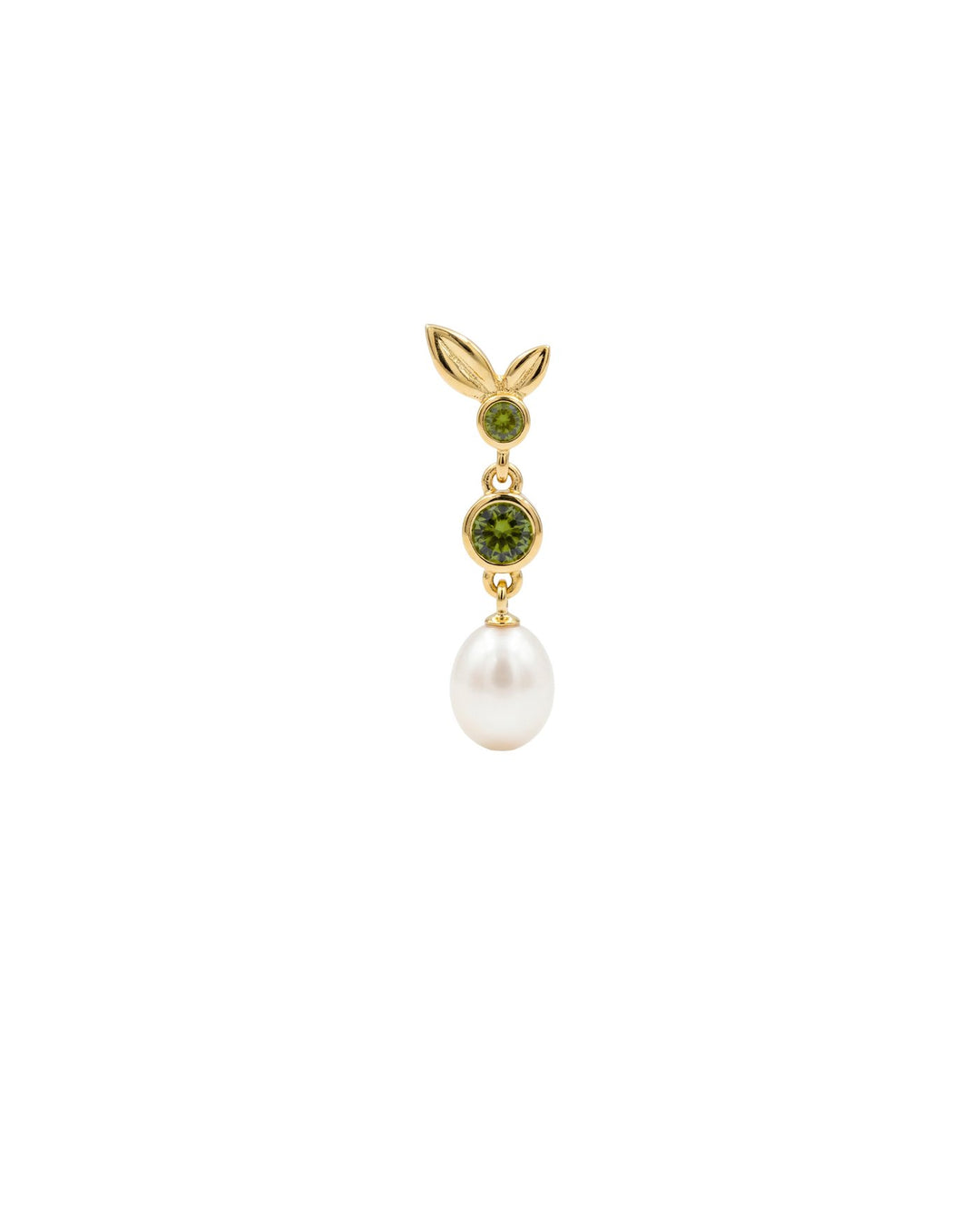 Orecchino pendente corto in argento 925 ispirato a un rametto di ulivo, con foglioline, punti luce khaki e verde oliva e perla di fiume pendente
