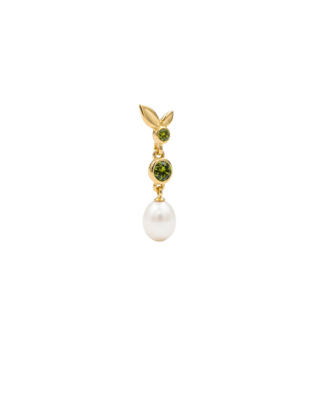 Orecchino pendente corto in argento 925 ispirato a un rametto di ulivo, con foglioline, punti luce khaki e verde oliva e perla di fiume pendente