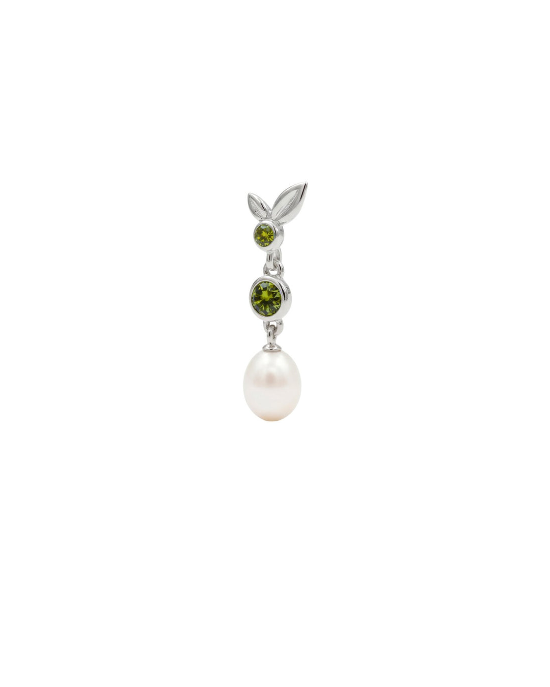 Orecchino pendente corto in argento 925 ispirato a un rametto di ulivo, con foglioline, punti luce khaki e verde oliva e perla di fiume pendente