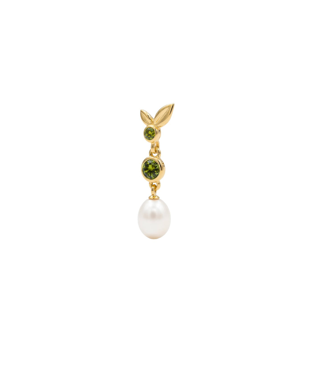 Orecchino pendente corto in argento 925 ispirato a un rametto di ulivo, con foglioline, punti luce khaki e verde oliva e perla di fiume pendente