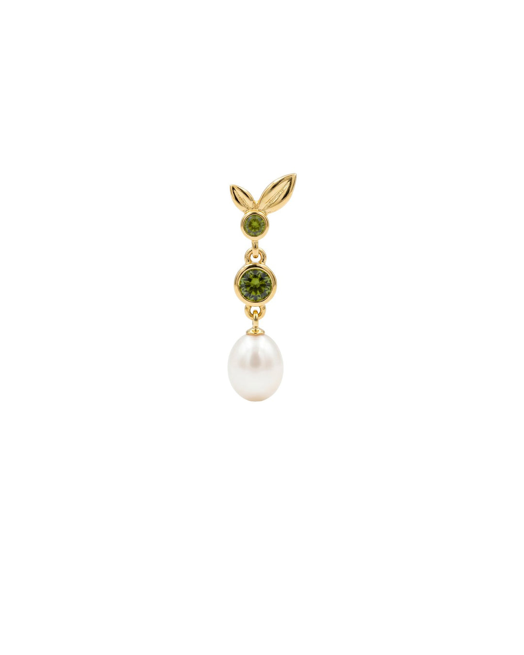 Orecchino pendente corto in argento 925 ispirato a un rametto di ulivo, con foglioline, punti luce khaki e verde oliva e perla di fiume pendente