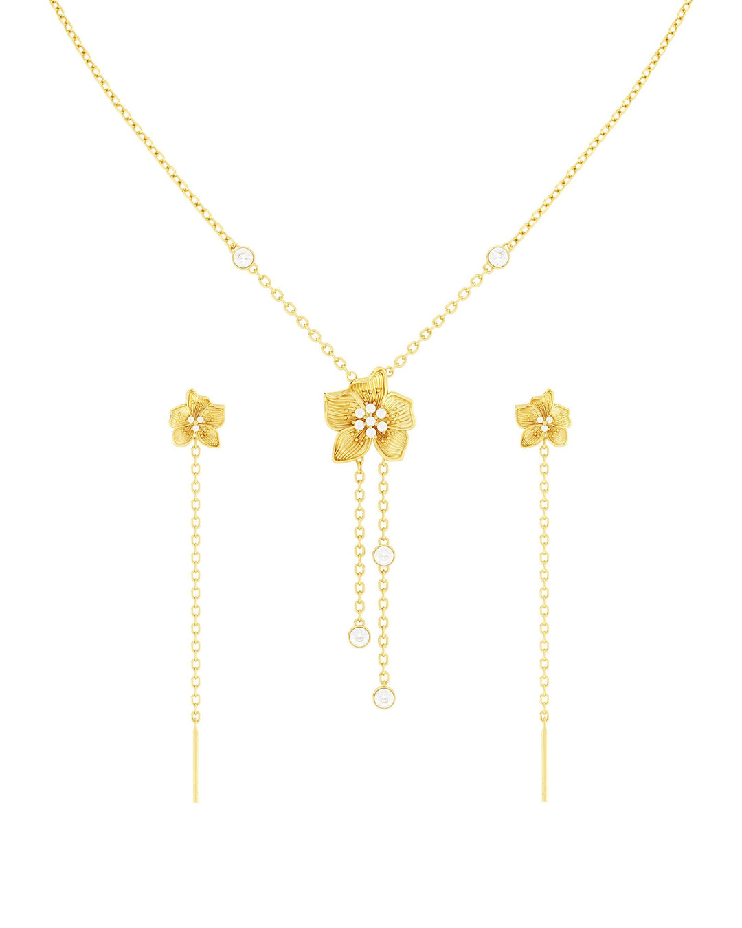 set di lovli e collana con fiore di amaryllis bianco in argento placcato oro