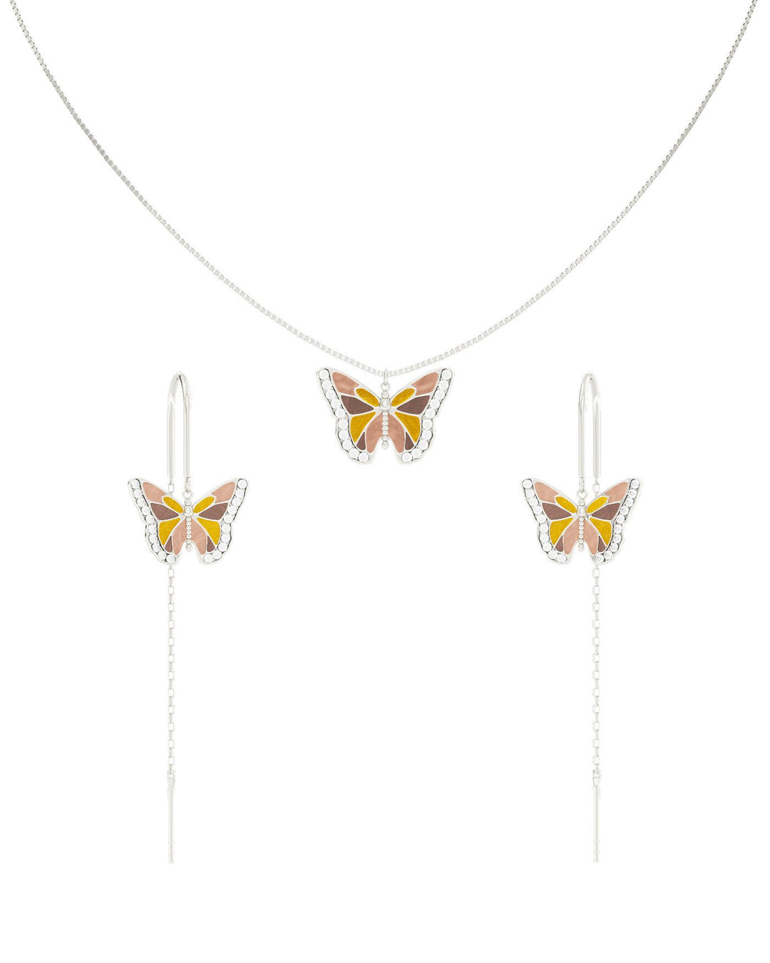set di orecchini pendenti e collana con farfalla in argento