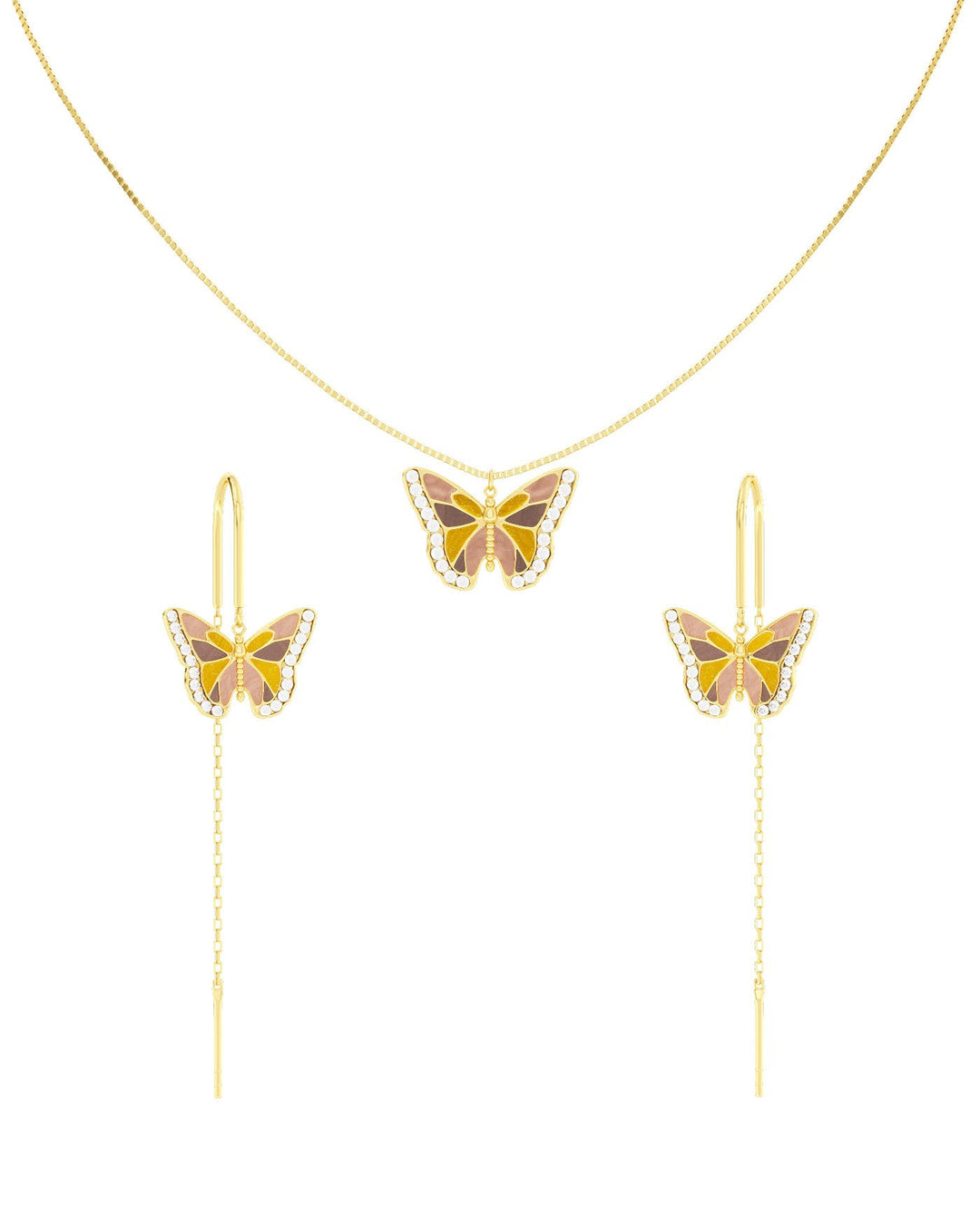 set di orecchini pendenti e collana con farfalla in argento placcato oro