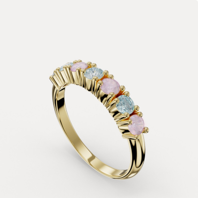 anello veretta con zirconi rosa e celesti placcato oro laterale